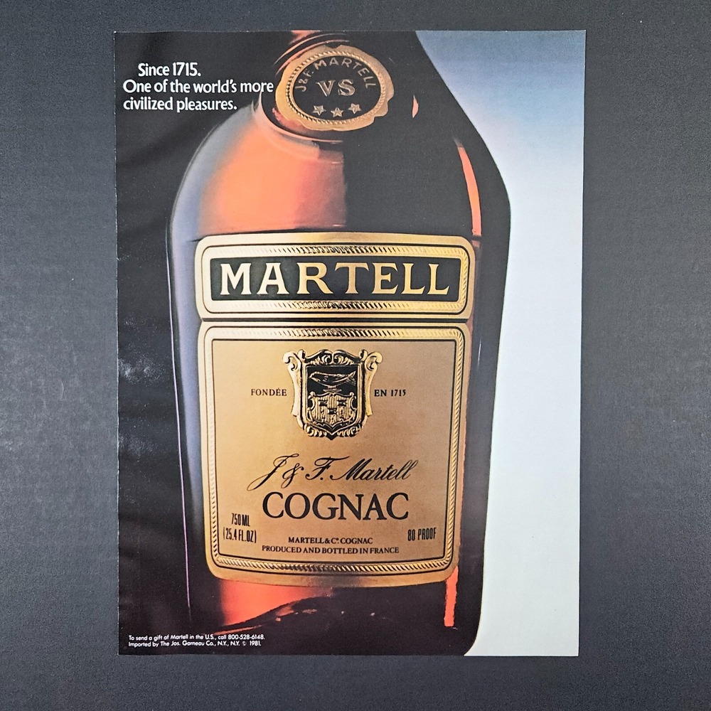 1983 J&F Martell VS Cognac Vintage Print Ad Jos Garneau Co NY Bar Mancave France